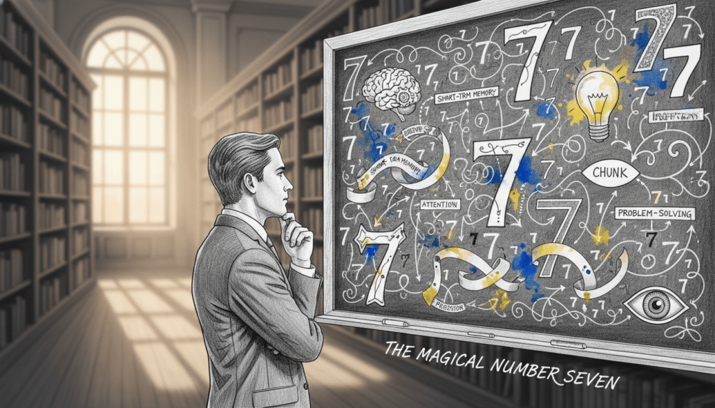 A captivating black and white illustration highlighting the concept of cognitive psychology and the significance of the number seven. In the foreground, a thoughtful figure in business attire examines a chalkboard filled with abstract representations of the number seven and mind maps of psychological concepts. In the middle ground, a variety of symbols representing memory, perception, and cognition weave around the number seven, with small colorful accents like bright yellow and deep blue to emphasize these concepts. The background features a blurred library setting, filled with books and soft lighting that creates a scholarly atmosphere. The mood is contemplative and intellectually stimulating, reflecting the importance of the number seven in cognitive psychology.