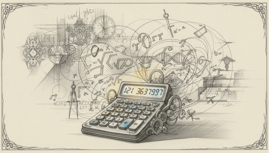 A captivating black and white illustration of "schnapszahlen," or palindrome numbers, exploring their mathematical and cultural significance. In the foreground, a softly lit, intricately drawn calculator displays various schnapszahlen prominently, with colored accents highlighting key numbers. In the middle, elegant mathematical symbols and equations, like square roots and infinity signs, weave around the calculator, creating a sense of dynamic motion. The background features faint outlines of cultural symbols, such as clocks and traditional art motifs, subtly merging with mathematical elements. The overall mood is mysterious yet intellectually engaging, inviting viewers to ponder the relationship between mathematics and culture. The scene is lit with soft, directional lighting, casting gentle shadows, and creating depth.