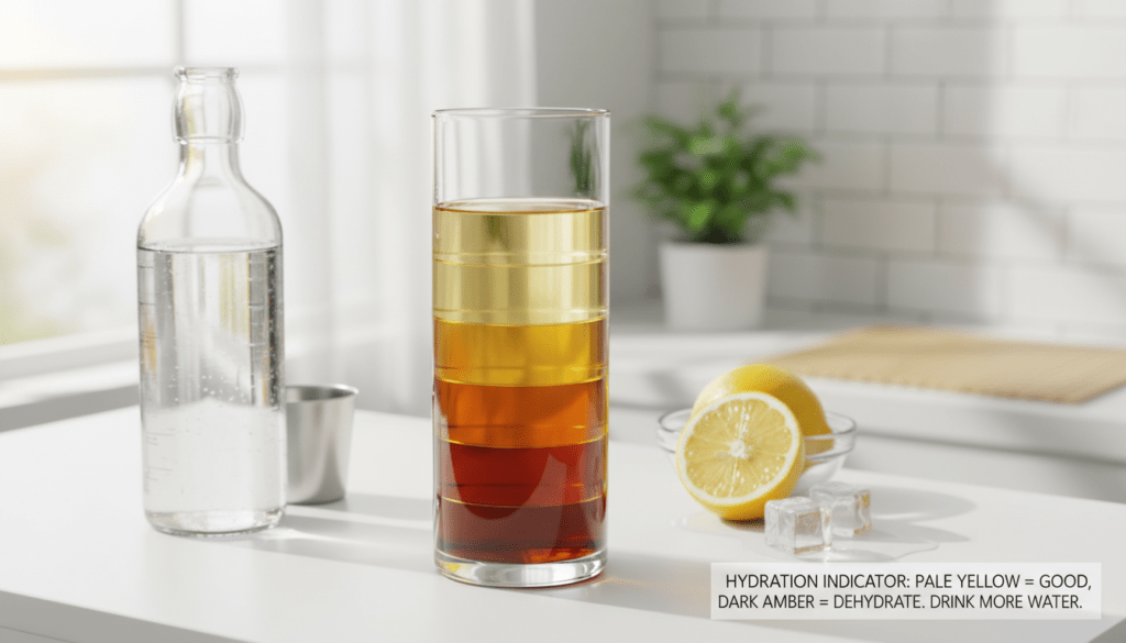 A close-up image illustrating urine color as an indicator of hydration levels. In the foreground, a clear glass filled with various shades of yellow liquid, ranging from pale straw to dark amber, is placed on a white medical-grade surface. Beside the glass, an array of hydration-related items—like a water bottle, a measuring cup, and a lemon—are artfully arranged. In the middle ground, a bright, natural light source casts warm tones, enhancing the translucency of the liquid. The soft focus keeps the background blurred, a light-colored bathroom setting with subtle decorations, creating an atmosphere of health and wellness. The overall mood is educational and informative, inviting the viewer to understand the importance of hydration through the visual representation of urine color.