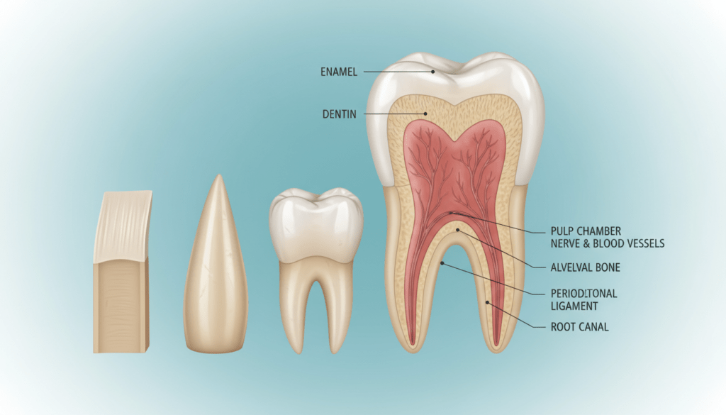 A detailed anatomical illustration of human teeth, showcasing the structure, function, and layers of a complete set of 32 teeth. In the foreground, depict a close-up view of individual teeth, highlighting their distinct shapes and surfaces, including incisors, canines, premolars, and molars. In the middle ground, show a diagrammatic representation of the tooth’s internal anatomy—roots, nerves, and enamel—labeled for clarity. The background can feature a subtle gradient, giving an educational and professional feel, with soft, uniform lighting to enhance visibility. Use a slight perspective angle to create depth, ensuring the image feels dynamic yet informative. The overall mood should be clinical and academic, aimed at educating viewers about dental anatomy.