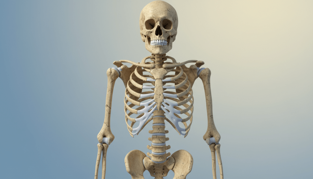 A detailed anatomical illustration of significant human skeleton bones, including the skull, spine, ribcage, and long bones, prominently displayed in a semi-realistic style. The foreground features these key bones realistically rendered, showcasing their textures and anatomical details. The middle ground includes a subtle gradient background, softly illuminated, offering a clinical yet engaging atmosphere. Soft lighting highlights the contours of the bones, creating depth and shadows that enhance visibility. The composition should be from a slight overhead angle, providing a comprehensive view of the skeleton’s structure. The mood is educational and scientific, reflecting the intricacies and importance of human anatomy without any text or annotations.