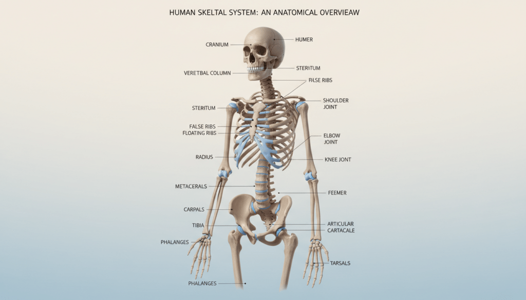 A detailed anatomical illustration of the human skeletal system, showcasing all 206 bones in an educational and professional manner. In the foreground, highlight key bones such as the skull, spine, ribs, and limbs prominently. The middle layer should depict a clear arrangement of the major joint structures and bone connections, emphasizing their interrelationships. In the background, a soft gradient gradient provides a clean, neutral canvas. Utilize soft, natural lighting to illuminate the bones, enhancing textures and shadows for depth. The angle should be slightly elevated for a comprehensive view, capturing the complexity and functionality of the skeleton. The overall atmosphere is informative and engaging, suitable for an academic article.
