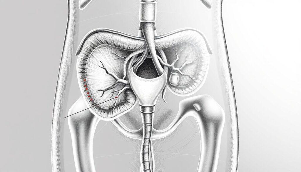A detailed anatomical illustration of the prostate and urinary tract, designed in a monochrome pencil sketch style with selective color accents to highlight key features. In the foreground, clearly labeled anatomical structures include the prostate gland, bladder, urethra, and surrounding tissues, showcasing their interconnections. The middle layer features a transparent overlay of the urinary system, displaying the flow of urine and relevant vascular paths. The background includes subtle gradients that enhance depth but do not distract from the main subject. The lighting should mimic natural light to create a clinical yet inviting atmosphere, emphasizing clarity and precision in the anatomical details. The overall mood is educational and professional, suitable for a medical article.