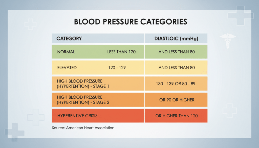 A detailed and informative diagram of a "Normal Blood Pressure Values Table" designed for a medical article. The foreground features clearly labeled blood pressure readings, including ideal values like 120/80 mmHg, with a clean and organized layout. The middle layer showcases various blood pressure categories such as normal, elevated, and hypertensive, illustrated with distinct colors or gradient shading for clarity. The background is soft and neutral, creating a professional atmosphere that emphasizes the table without distraction. The lighting is evenly distributed, ensuring that the text is easily readable. The overall mood should convey trustworthiness and professionalism, suitable for a health-related context. No text overlays or watermarks present.