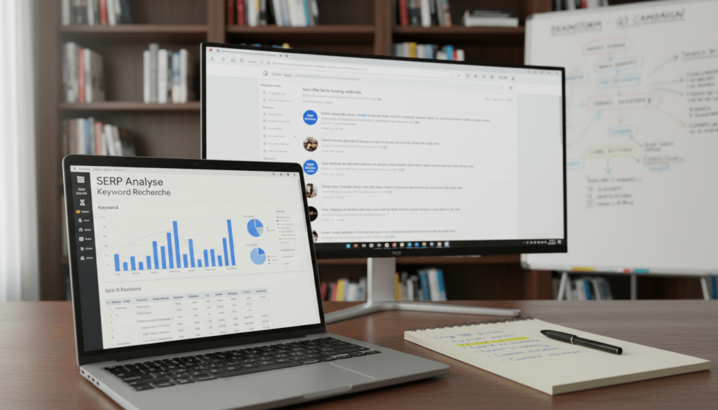 A detailed and informative digital workspace scene showcasing "SERP Analyse Keyword Recherche." In the foreground, display a sleek laptop open to a vibrant analytics dashboard filled with graphs, metrics, and keyword lists, symbolizing data-driven insights. Place a notepad alongside, featuring handwritten notes and highlighted keywords. In the middle ground, include a large monitor with SERP results prominently displayed, illustrating the search engine results page. The background should have bookshelves filled with marketing and SEO books, along with a whiteboard covered in brainstorming ideas and charts. The lighting is soft and focused, mimicking natural daylight, enhancing the professional atmosphere. Capture the mood of productivity and analysis, with a depth of field effect focusing on the laptop and SERP monitor for a polished look.