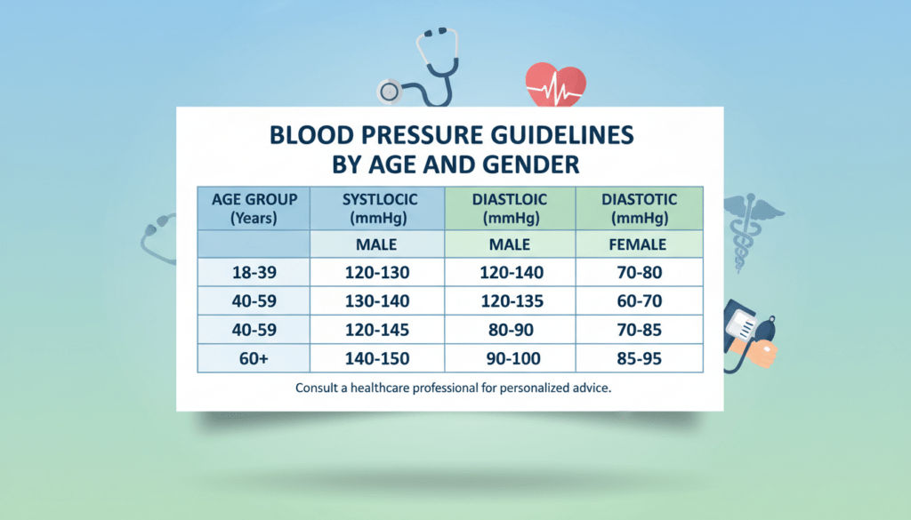 A detailed and informative illustration of a "Blood Pressure Table by Age and Gender" designed for educational purposes. In the foreground, a well-organized table displays age groups on the left and corresponding blood pressure values separated by gender. Each cell shows specific values in a clear, easy-to-read format. The middle ground features subtle medical icons, such as a stethoscope and a heart, symbolizing health and wellness. The background is a gentle gradient of soft blues and greens, evoking a calm and professional atmosphere. The lighting is bright and even, enhancing readability, with a slight drop shadow under the table to create depth. The overall mood is informative and engaging, suitable for a health-related article about blood pressure.