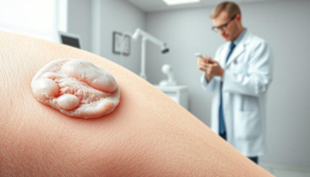 A detailed and realistic depiction of a basalioma, also known as basal cell carcinoma, on a pale human skin surface. The foreground features a close-up of the affected skin area showcasing the characteristics of the cancerous lesion, with textured details highlighting the slightly raised, pearly appearance. In the middle ground, a professional dermatologist is examining the skin with care, dressed in a white lab coat, symbolizing a clinical and informative atmosphere. The background includes soft-focus medical equipment and a neutral-toned examination room to reflect a clinical setting. The overall lighting is bright yet soft, casting gentle shadows that enhance the textures of the skin. The image is rendered in black and white pencil with selective colored accents to draw attention to the lesion and the doctor's tools, evoking a serious and informative mood without text or distractions.