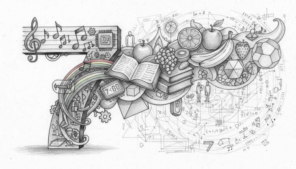 A detailed black and white pencil sketch depicting the number seven (7) as a central theme in art and technology, symbolizing its significance in daily life. In the foreground, intricate artistic designs weave through the seven, showcasing various representations of the number—like seven musical notes, seven colors of a rainbow, and iconic technological inventions represented as small sketches. The middle layer features a vast array of everyday objects that correspond to the number seven, such as seven fruits or seven books, all harmoniously blending into the composition. In the background, a subtle, abstract representation of mathematical equations and patterns creates a sense of depth. The lighting is soft and diffused, casting gentle shadows, while vibrant color accents highlight key elements, maintaining the overall monochrome aesthetic. The atmosphere conveys wonder and curiosity, inviting viewers to explore the multifaceted roles of the number seven.