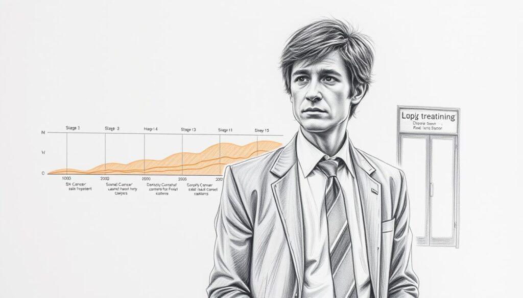 A detailed black and white pencil sketch illustrating the progression of recurring skin cancer, specifically melanoma, in a human figure. In the foreground, a somber individual in professional business attire stands with a contemplative expression, symbolizing resilience and struggle. The middle ground features a timeline or series of charts depicting various stages of skin cancer treatment, showing color accents to highlight significant milestones or improvements. The background contains a faint hospital setting with soft lighting, creating a clinical yet hopeful atmosphere. The overall mood should evoke tension and strength, reflecting Julian Lennon's story and timeless battle against skin cancer.