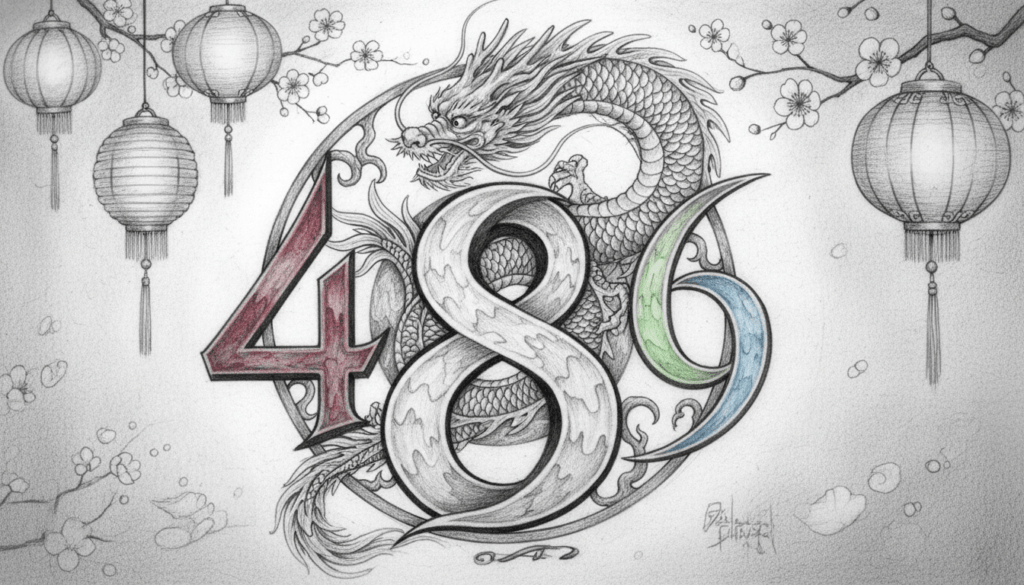 A detailed black and white pencil sketch illustrating the significance of the number 8 within the context of Chinese culture, incorporating other significant numbers. In the foreground, a stylized representation of the number 8, surrounded by an intricate pattern of numbers like 4, 6, and 9, each with subtle, colorful accents to highlight their meanings—red for happiness, green for growth, and blue for tranquility. In the middle ground, an elegant Chinese dragon weaves through the numbers, symbolizing good fortune. The background features traditional Chinese motifs, such as lanterns and cherry blossoms, softly rendered in grayscale. The lighting is soft and ambient, casting gentle shadows that enhance the mood of reverence and tradition, captured from a slight angle to create depth.