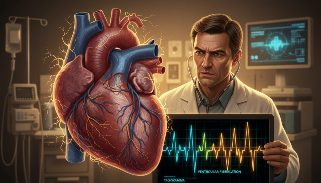 A detailed close-up illustration of a human heart, anatomically accurate and vibrant, depicting abnormalities associated with heart rhythm disturbances. In the foreground, show an electrocardiogram (ECG) monitor displaying irregular heartbeats in captivating colors. In the middle ground, include a medical professional dressed in a white lab coat, examining the heart with a stethoscope, showcasing a focused yet concerned expression. The background should feature a softly lit hospital setting with medical equipment, enhancing the clinical atmosphere. Use warm, soft lighting to create a sense of urgency and importance, while ensuring the overall mood is serious but hopeful, emphasizing the importance of heart health awareness.
