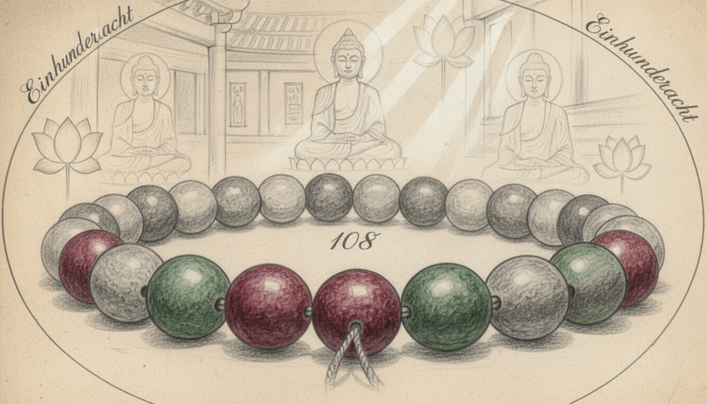 A detailed depiction of a 108-bead mala, intricately arranged in a circular pattern, emphasizing the spiritual significance of Buddhism. In the foreground, the mala beads are shown in sharp focus, showcasing their unique textures, some with delicate color accents like deep maroon and serene green against a black and white pencil sketch backdrop. The middle ground features soft, blurred outlines of serene statues or symbols of Buddha, symbolizing peace and mindfulness. The background subtly fades into a hint of a tranquil temple setting with gentle lighting streaming in, creating a serene and contemplative atmosphere. The composition suggests a harmonious balance, highlighting the sacred nature of the number 108 within Buddhism, filled with a sense of calm and spirituality. A detailed depiction of a 108-bead mala, intricately arranged in a circular pattern, emphasizing the spiritual significance of Buddhism. In the foreground, the mala beads are shown in sharp focus, showcasing their unique textures, some with delicate color accents like deep maroon and serene green against a black and white pencil sketch backdrop. The middle ground features soft, blurred outlines of serene statues or symbols of Buddha, symbolizing peace and mindfulness. The background subtly fades into a hint of a tranquil temple setting with gentle lighting streaming in, creating a serene and contemplative atmosphere. The composition suggests a harmonious balance, highlighting the sacred nature of the number 108 within Buddhism, filled with a sense of calm and spirituality.