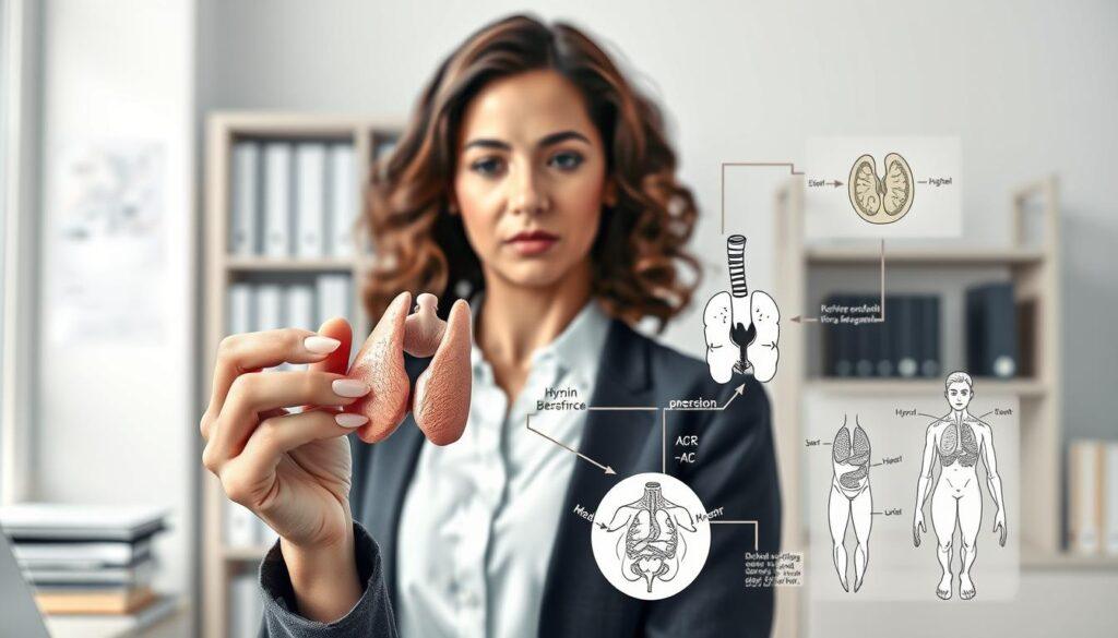 A detailed illustration depicting the concept of hypothyroidism (Schilddrüsenunterfunktion) in a professional context. In the foreground, feature a diverse, middle-aged woman wearing modest, professional attire, gently holding a thyroid model in one hand while examining it thoughtfully. The middle ground should consist of stylized representations of thyroid hormones and physiological processes, illustrated in sharp black and white with selective colorful accents highlighting key details, such as cellular activity. The background is softly blurred, suggesting a medical office setting with books and anatomical charts subtly outlined. Soft, natural lighting should create a calm and reflective atmosphere, emphasizing the importance of understanding thyroid health.