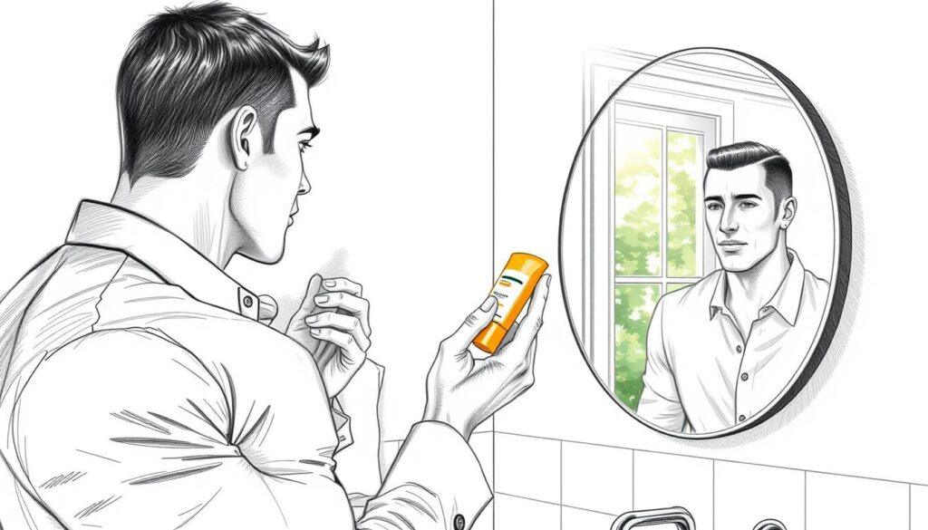 A detailed illustration of a daily sunscreen application routine, focusing on a male figure resembling a well-built athlete in professional business attire, applying sunscreen on his face in a bright, inviting bathroom setting. The foreground includes the figure holding a sunscreen bottle, while in the middle ground, a mirror reflects him, showing a focused expression. The background features a window with soft, natural light streaming in, hinting at daylight outside. The color palette includes black and white pencil sketches with selective vibrant accents on the sunscreen bottle and the sun's rays filtering through the window. The overall atmosphere is motivational and caring, emphasizing the importance of skin protection.
