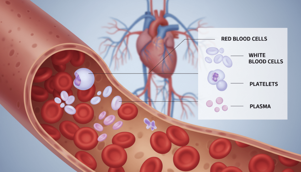 A detailed illustration of blood components composition, showcasing red blood cells, white blood cells, platelets, and plasma in vibrant colors. In the foreground, prominently feature a cross-section of a blood vessel with these components visibly suspended in fluid, highlighting their distinct colors and shapes. In the middle ground, depict a stylized infographic-style representation labeling each component clearly, maintaining an educational focus. The background should be a softly blurred anatomical diagram of the human circulatory system, creating a cohesive medical atmosphere. Utilize soft lighting to enhance the clarity of the blood components, simulating a laboratory-like environment, with a slight overhead angle to emphasize depth and detail. Aim for a clean, informative mood, suitable for educational purposes.