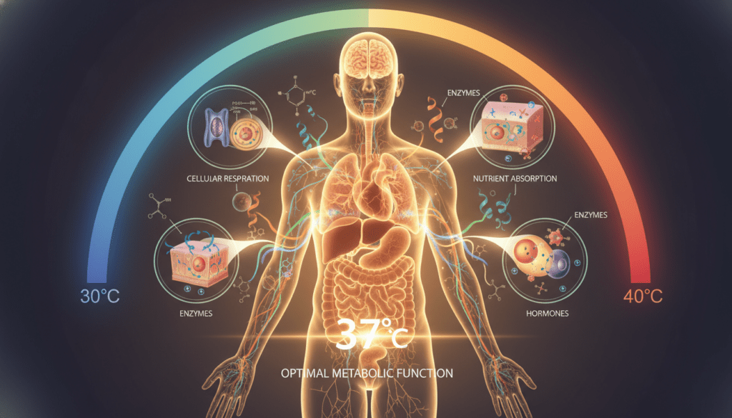 A detailed illustration of metabolic processes in the human body, focusing on the significance of maintaining a temperature of 37 degrees Celsius. In the foreground, a stylized human silhouette displaying glowing internal organs like the heart, liver, and lungs, interconnected by vibrant pathways symbolizing energy flow and biochemical reactions. In the middle ground, diagrams of cells engaging in processes like cellular respiration and nutrient absorption, surrounded by animated molecular structures representing enzymes and hormones. The background features a gradient visualization of temperature scales, transitioning from cooler to warmer tones. Soft, warm lighting highlights the silhouette and internal processes, creating a harmonious and scientific atmosphere. The composition captures the balance and complexity of human metabolism, emphasizing the crucial role of body temperature.