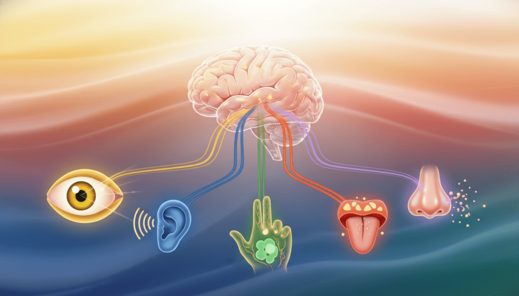 A detailed illustration of the human sensory organs functioning in harmony, showcasing the five senses: sight, hearing, touch, taste, and smell. In the foreground, vibrant depictions of the eye perceiving light, an ear detecting sound waves, a hand feeling textures, a tongue tasting food, and a nose sensitive to scents. The middle ground presents a streamlined anatomical view of the brain, connecting the sensory organs, with colorful neural pathways emanating from each organ. The background features a soft gradient, transitioning from bright light to calming blues and greens, conveying a sense of understanding and exploration. The lighting is bright yet soft, creating a warm atmosphere. The image should be balanced and detailed, emphasizing the intriguing complexity of sensory perception without any text or overlays. A detailed illustration of the human sensory organs functioning in harmony, showcasing the five senses: sight, hearing, touch, taste, and smell. In the foreground, vibrant depictions of the eye perceiving light, an ear detecting sound waves, a hand feeling textures, a tongue tasting food, and a nose sensitive to scents. The middle ground presents a streamlined anatomical view of the brain, connecting the sensory organs, with colorful neural pathways emanating from each organ. The background features a soft gradient, transitioning from bright light to calming blues and greens, conveying a sense of understanding and exploration. The lighting is bright yet soft, creating a warm atmosphere. The image should be balanced and detailed, emphasizing the intriguing complexity of sensory perception without any text or overlays.