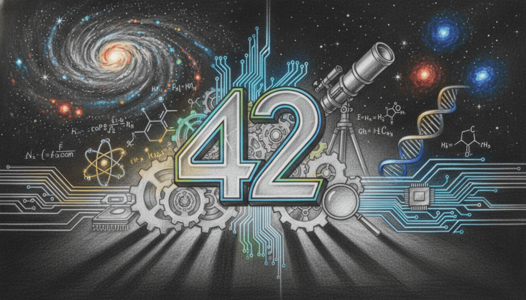 A detailed illustration of the number "42" symbolizing its significance in technology and science, prominently displayed in the foreground. The number is stylized in a bold, sleek design, surrounded by intricate gears, circuit patterns, and abstract representations of scientific formulas. The middle ground features a variety of iconic scientific devices, such as telescopes and atom models, seamlessly blending into the background, which consists of a galaxy filled with stars and nebulas. The scene is rendered in black and white pencil with selective, vibrant accents illuminating key elements like the number "42" and the scientific devices. The lighting is dramatic, with a soft glow highlighting the foreground against a deep, cosmic backdrop, creating a sense of wonder and curiosity. The mood is thought-provoking, inviting viewers to explore the connection between science, technology, and pop culture.