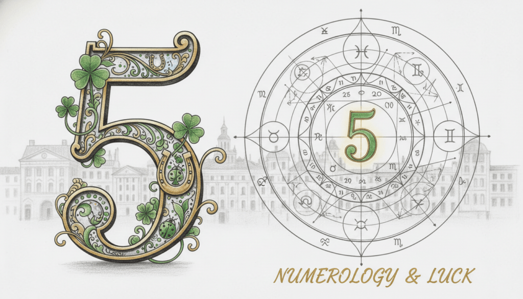 A detailed illustration of the number 5 depicted as a symbol of luck and numerological significance. In the foreground, a stylized house number 5, elegantly designed, with intricate patterns and traditional symbols of luck such as four-leaf clovers and horseshoes subtly integrated around it. The middle ground features an abstract representation of numerological charts, with geometric shapes in soft black and white. In the background, a serene urban landscape fades softly to maintain focus on the house number. The lighting is soft and warm, casting gentle shadows to create a tranquil atmosphere. The image is rendered in pencil with black-and-white tones, accented with selective pops of color, enhancing the elements of luck and positivity. The overall mood is inspirational and inviting, ideal for conveying the practical applications of the number 5.