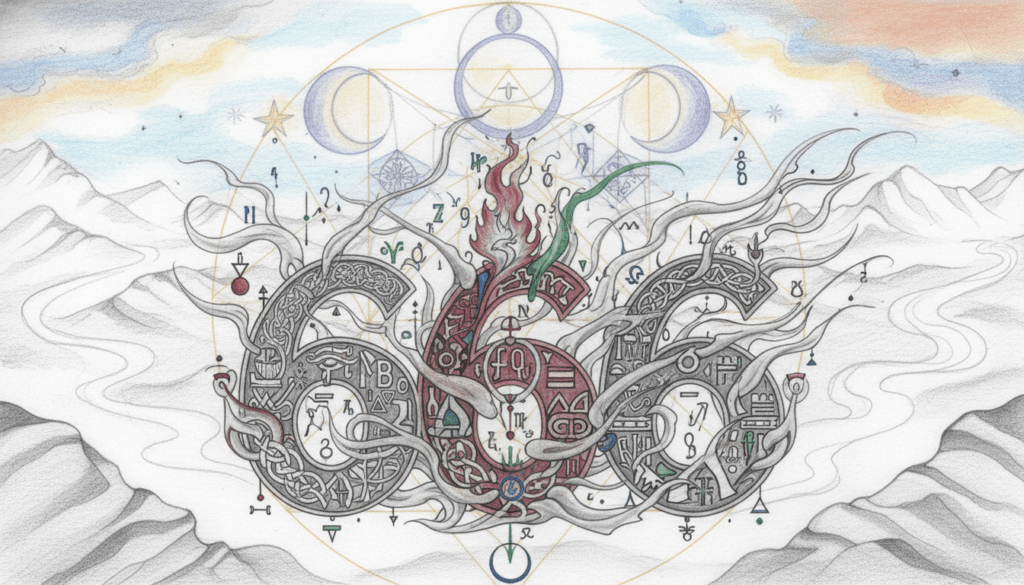 A detailed illustration of the number 666, stylized in intricate numerology symbolism. The foreground features the number 666 prominently, with ornate patterns and mystical symbols flowing from it, representing various interpretations of this number in numerology. In the middle ground, faint geometric shapes and celestial elements weave through the design, adding depth and complexity. The background is a serene, abstract landscape with soft, swirling shapes, providing a contrast to the boldness of the number. The entire image is rendered in pencil, black and white, with selective, vivid colored accents highlighting important features. The lighting is soft and ethereal, creating a contemplative mood, while the angle presents a slight upward view, inviting exploration of the symbolism.