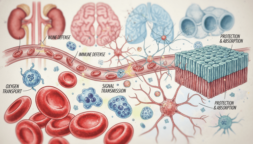 A detailed illustration of various human cell types and their functions within the human body. In the foreground, depict a variety of cells including red blood cells, white blood cells, neurons, and epithelial cells, each labeled with subtle, artistic labels highlighting their functions. In the middle ground, illustrate a vibrant and dynamic tissue environment showcasing connections between these cells, with some cells actively interacting. The background should hint at organ structures, softly blurred to keep focus on the cells. Utilize bright, natural lighting to create a sense of vitality, with a shallow depth of field to emphasize the foreground details. The atmosphere should feel educational yet engaging, inviting the viewer to explore the complexity of cellular diversity in a visually appealing manner.