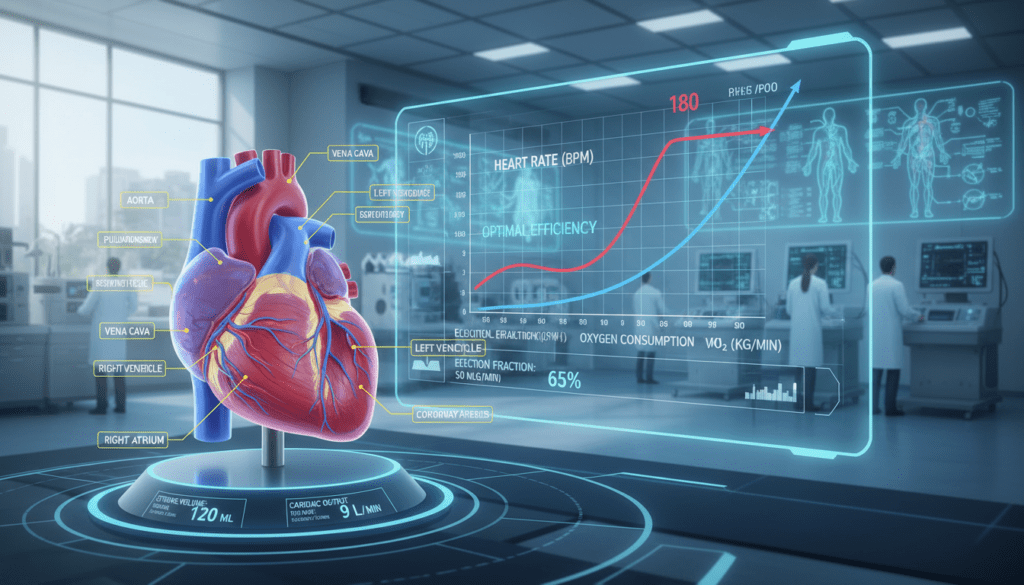 A detailed illustration showcasing the physiology of the heart and performance calculations. In the foreground, an anatomically accurate 3D model of a human heart, highlighted with vibrant colors, labels indicating major arteries, veins, and key anatomical features. In the middle ground, a graph displaying heart rate data and performance metrics, with smooth curves and annotations demonstrating the heart's efficiency. In the background, a softly lit medical laboratory setting filled with advanced cardiac monitoring equipment and diagrams of the cardiovascular system on the walls. The overall mood should be scholarly and informative, with a focus on clarity and precision, utilizing bright, natural lighting to enhance visibility and engagement. Use a wide-angle perspective to capture the entire scene effectively.
