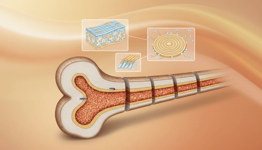 A detailed illustration showcasing the specialized structure of human bones, emphasizing their intricate composition. In the foreground, display a segmented human bone cut in half, revealing both the outer cortical bone and the spongy trabecular bone inside, with labels for key components like osteons and bone marrow. In the middle ground, incorporate anatomical diagrams or overlays that highlight the microstructure of bone tissues, such as the alignment of collagen fibers and mineral deposits. The background should feature a soft gradient of warm colors, creating a scientific yet inviting atmosphere. Use bright, focused lighting to enhance the textures and details of the bone surfaces, with a slightly elevated perspective to provide depth. The image should be clear, educational, and visually engaging without any text or graphic overlays.
