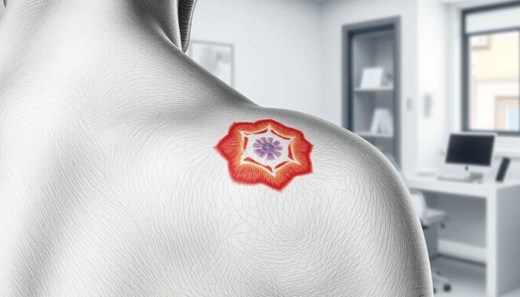 A detailed medical illustration depicting a close-up of a shoulder with a suspicious skin lesion, symbolizing a potential diagnosis of skin cancer. The image captures the shoulder area in black and white pencil shading, with intricate textures showing skin details, and a few color accents, like subtle red or blue around the lesion, to highlight its importance. The background features a softly blurred medical office environment, emphasizing a clinical atmosphere. Soft, natural lighting illuminates the scene, creating a calm yet serious mood. The angle is slightly tilted to draw attention to the shoulder and lesion while keeping the overall composition professional and informative. No human subjects are present, ensuring a focus on the medical aspect.