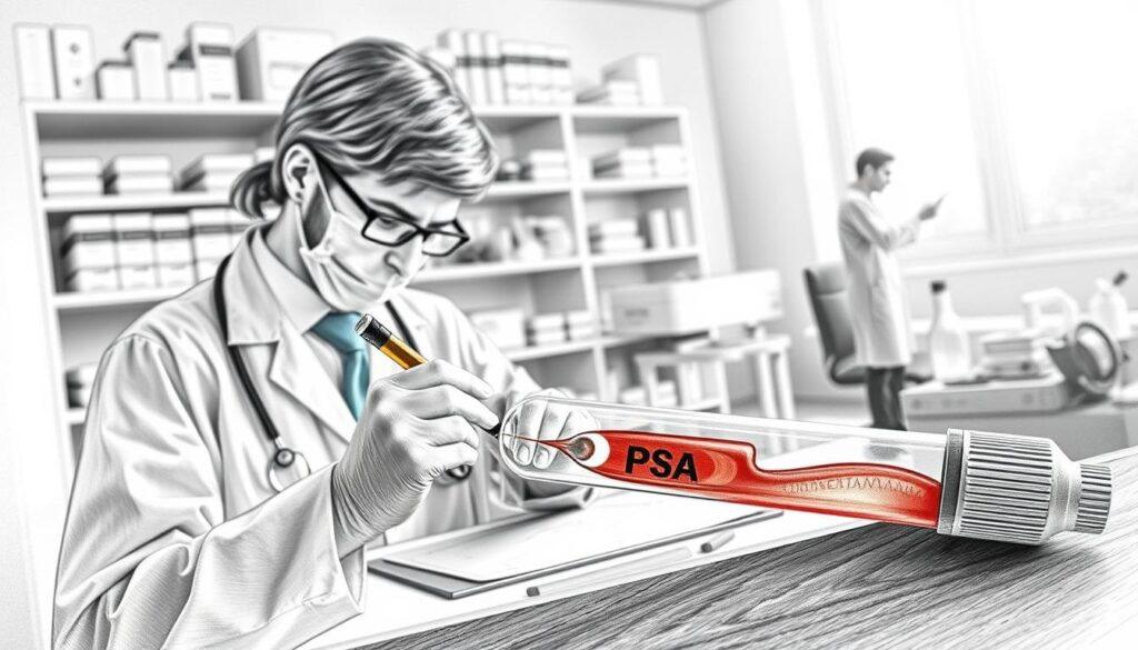 A detailed, monochromatic pencil illustration of a PSA blood test scene, showcasing a professional medical setting. In the foreground, a healthcare professional in a lab coat prepares a blood sample with precision, surrounded by neatly organized medical equipment like vials and syringes. The middle ground features a close-up of a blood sample in a test tube, highlighting the intricate details of the liquid inside, complemented by subtle colored accents in shades of blue and red to indicate urgency and focus. The background should depict a softly blurred clinical laboratory with shelves of medical supplies and diagnostic tools, bathed in soft, natural light from a nearby window, creating a calm yet serious atmosphere that reflects the importance of early detection. Ensure all figures are dressed in professional attire, maintaining a sterile and respectful ambiance.