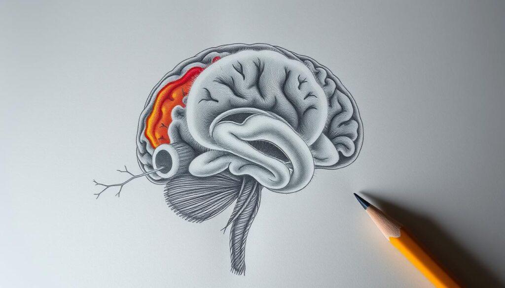 A detailed, pencil-drawn illustration of the brain regions affected by frontotemporal dementia (FTD). In the foreground, showcase intricate nerve cells and synapses, with a focus on the temporal and frontal lobes, highlighted with selective vibrant colors to emphasize areas of deterioration. The middle layer should depict a soft, blurred silhouette of a human head in profile, symbolizing the abstract concept of cognition and memory loss. In the background, incorporate a subtle gradient of deep grey tones, creating a somber atmosphere. Use dramatic lighting, creating shadows that enhance the mood of introspection and complexity. Capture the essence of the emotional challenges faced by individuals with FTD, while maintaining a professional and educational tone throughout the composition.