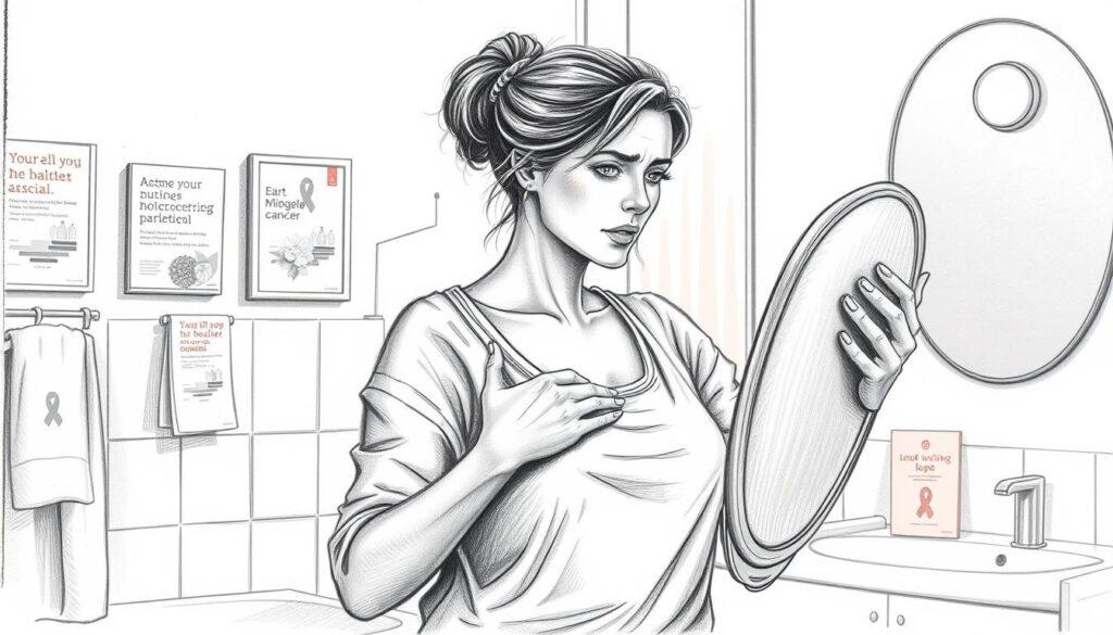 A detailed pencil sketch illustration focusing on a woman conducting a breast self-examination, embodying strength and resilience. In the foreground, the woman, dressed in modest casual clothing, carefully observes her reflection in a mirror, with an expression of determination and concern. The middle ground features a softly lit bathroom environment, creating an intimate yet empowering atmosphere, with pastel accents highlighting supportive elements like health pamphlets. The background includes soothing, minimalist decor promoting self-care and awareness. The lighting should be soft and warm, reminiscent of early morning sunlight, enhancing the mood of hope and introspection. The entire image is in black and white, with selective colored accents on the health materials, symbolizing awareness and education around breast cancer.