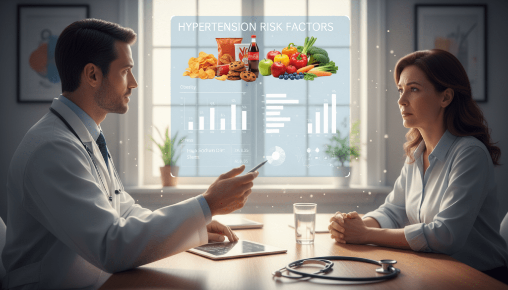 A detailed representation of risk factors for high blood pressure, showcasing a variety of health indicators in an informative and visually engaging manner. In the foreground, a doctor, dressed in a crisp white lab coat, explains the risks to a patient seated at a consultation table, creating a sense of dialogue and professionalism. In the middle ground, images of unhealthy foods like processed snacks and sugary beverages are contrasted with fresh fruits and vegetables, emphasizing dietary choices. The background features a digital display of health statistics and a stethoscope draped on the table, symbolizing medical evaluation. Soft, natural lighting pours in from a window, creating a calm and educational atmosphere. The overall mood is serious yet hopeful, reflecting the importance of managing health to prevent hypertension.