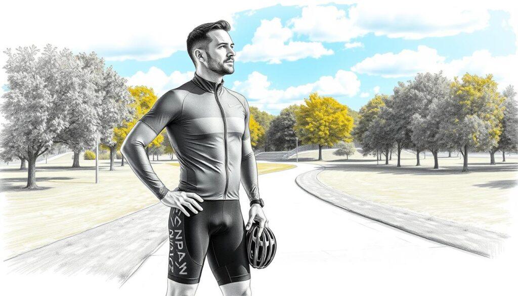 A determined athlete, recently recovering from chemotherapy, is depicted in the foreground, wearing a professional athletic outfit that symbolizes resilience. He stands confidently at the center, one hand on his hip and the other holding a bicycle helmet, looking towards the horizon with hope. In the middle ground, a scenic park is visible, with lush trees and a smooth path ideal for running, symbolizing a journey back to health and vitality. The background features a bright blue sky with soft, fluffy clouds, representing optimism and a fresh start. The image should be rendered in pencil sketch style in black and white, with selective bright splashes of color highlighting the athlete's gear and the vibrant nature around him. The lighting is soft and warm, creating an uplifting and motivational atmosphere.