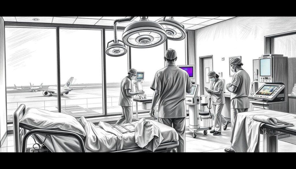 A dramatic scene depicting a hospital operating room in a monochromatic pencil sketch style, showcasing a crucial moment where a patient is being brought in from an airport setting directly to the surgical table. In the foreground, there is a hospital bed with medical staff in professional scrubs attending to the patient, who is being carefully transferred. The middle ground features the high-tech surgical equipment and an illuminated operating table, while the background illustrates large windows showing an airport landscape outside, hinting at urgency. The atmosphere is tense yet focused, with stark contrasts of black and white, punctuated by vibrant colors on medical instruments and equipment, highlighting their importance. The lighting is bright and clinical, enhancing the urgency of the scene.