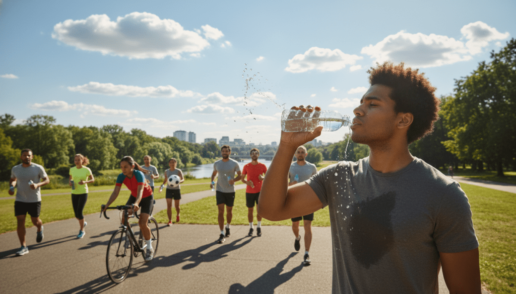 A dynamic sports scene set outdoors on a sunny day, showcasing a diverse group of athletes engaging in various sports like running, cycling, and playing soccer, all demonstrating the importance of hydration. In the foreground, a young athlete takes a refreshing sip from a water bottle, with droplets glistening in the sunlight. The middle ground features a group of athletes, showing diverse genders and ethnicities, all visibly active and focused on their sport. In the background, a bright blue sky with a few fluffy clouds enhances the summer atmosphere, while a distant view of trees and a park provides context. The overall mood is energetic and vibrant, emphasizing the crucial need for water intake during physical activity in heat. The lighting is bright and natural, evoking a sense of warmth and urgency.