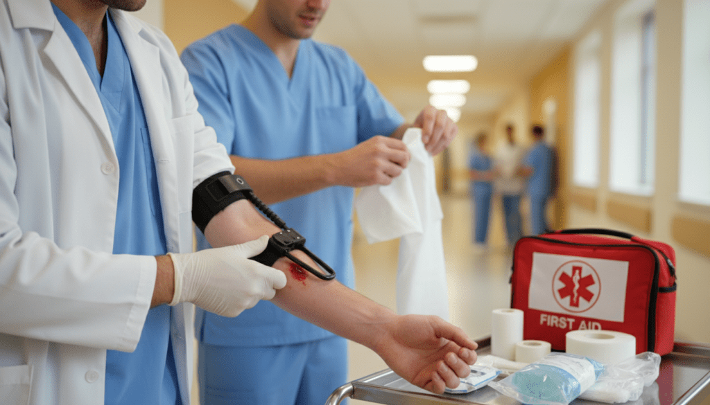 A focused scene depicting first aid measures for severe blood loss. In the foreground, a medical professional, dressed in a clean and professional uniform, is applying a tourniquet to a patient's arm, showcasing proper technique and urgency. The middle ground shows another medical responder preparing a sterile dressing and a first aid kit, creating a sense of teamwork and action. The background features a calm hospital environment, with neutral-colored walls and soft, diffused lighting to evoke a sense of hope and healing. The atmosphere should be serious yet encouraging, emphasizing the importance of prompt medical intervention in critical situations. The image has a clear depth of field, with a slight blur on the background to keep the focus on the first aid actions.