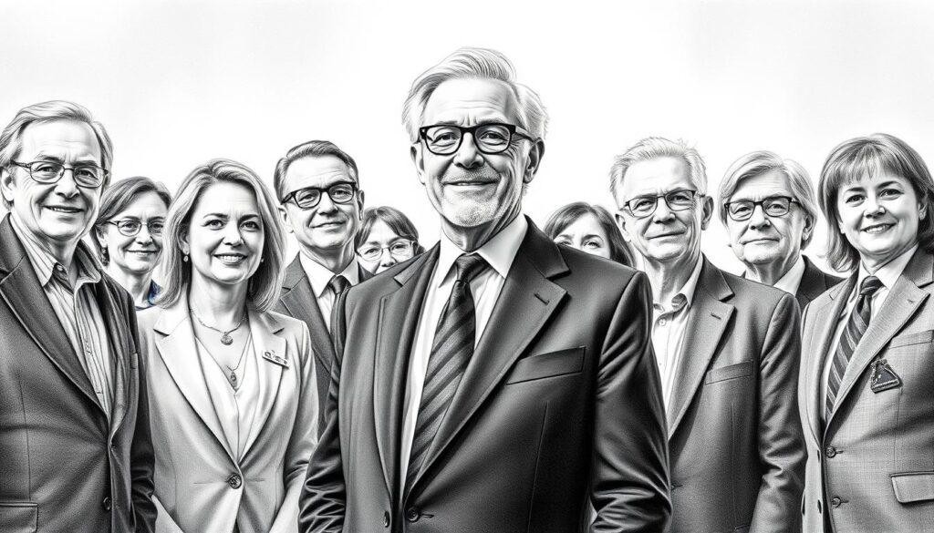 A group of well-known public figures, including Ian McKellen, standing together in a supportive manner, showcasing camaraderie and solidarity against the stigma of prostate cancer. The foreground features McKellen in a sharp black business suit and a confident smile, surrounded by other prominent figures, each dressed in professional attire, creating an atmosphere of strength and unity. The middle ground shows subtle hints of a healthcare setting, while the background fades into a soft gradient of gray with brief touches of muted color, representing hope and change. The image is rendered in detailed pencil sketch with black and white tones, highlighted by occasional vivid colored accents, evoking a solemn yet uplifting mood, with focused, soft lighting emphasizing their expressions and shared resolve, captured at a slight upward angle to imply elevation and progress.