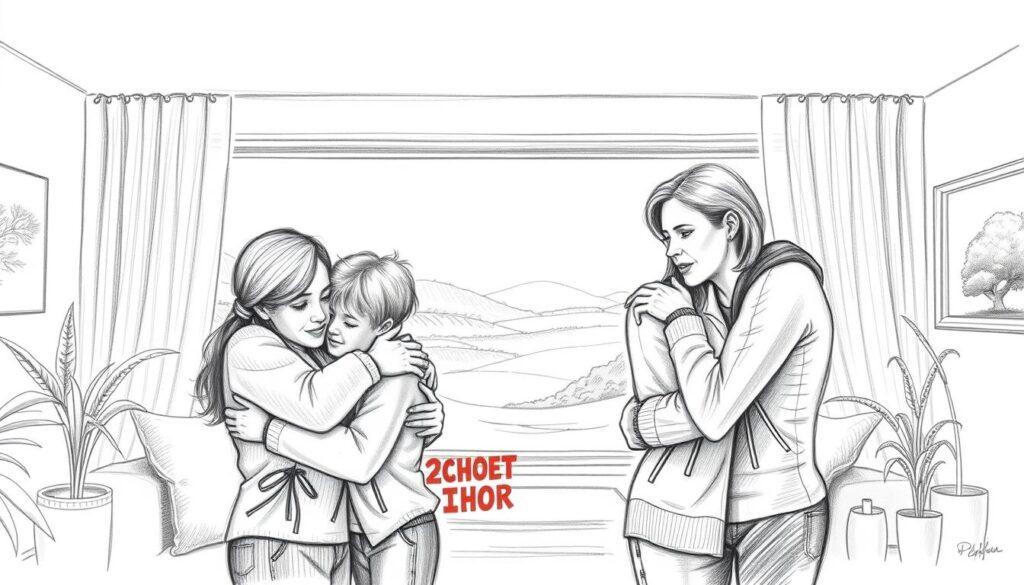 A heartfelt scene depicting the Schumacher family together, showcasing unity and resilience in a monochrome pencil sketch style with selective colorful accents. In the foreground, the family members—Michael Schumacher's wife Corinna and their children Gina and Mick—are portrayed engaging in a warm embrace, dressed in modest casual clothing. In the middle ground, a subtle representation of their home environment, suggesting comfort and togetherness, with soft lines symbolizing warmth and familiarity. The background features a peaceful landscape, hinting at hope and continuity. The overall mood is uplifting and intimate, with soft lighting creating gentle shadows and highlights, enhancing the emotional connection in the scene. Capture this moment with a focus on both the emotions conveyed and the bond shared among family members.