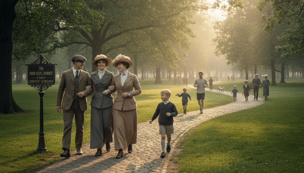 A historical representation of the 10,000 steps rule, depicting an elegant outdoor setting in a park filled with lush greenery. In the foreground, a diverse group of four individuals is walking together, dressed in smart casual attire, with expressions of joy and camaraderie, emphasizing the concept of community and health. In the middle ground, various people of different ages are seen walking, jogging, and engaging in physical activities, showcasing the idea of movement and vitality. The background features a serene path winding through trees, with soft morning light filtering through the leaves, creating a warm, inviting atmosphere. The image should capture a sense of aspiration and motivation, illustrating the journey towards physical health.
