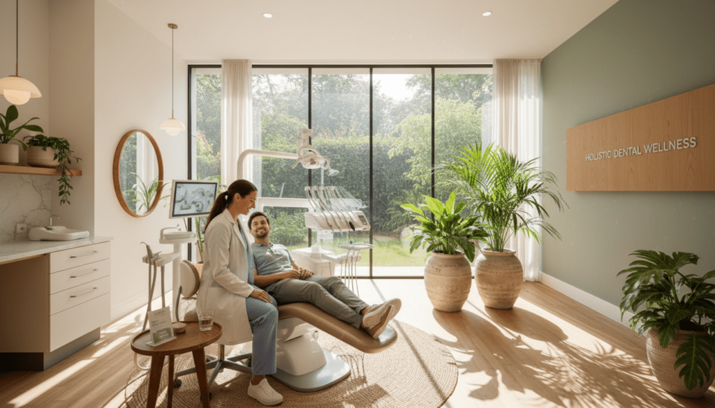 A holistic dental practice interior, showcasing a bright, welcoming atmosphere. In the foreground, a friendly dentist in professional attire engages with a patient in a comfortable chair, both smiling and relaxed. The middle ground features modern dental equipment and soothing green plants, promoting a natural, healthy vibe. The background includes large windows with sunlight streaming in, illuminating the space and creating a warm ambiance. Soft, neutral colors dominate the scene, emphasizing cleanliness and tranquility. The overall mood is one of trust and well-being, emphasizing sustainable oral health practices. The composition should be shot from a slightly elevated angle, capturing the whole room to convey spaciousness and comfort.