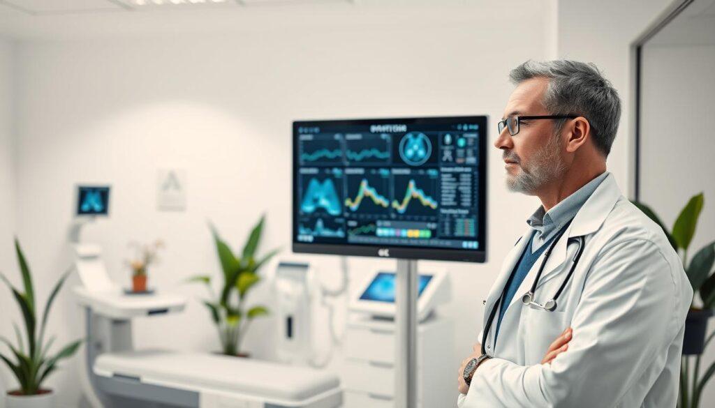 A medical professional in a modern clinic, focused on monitoring prostate cancer, standing beside a digital monitor displaying patient data. In the foreground, the doctor, a middle-aged Caucasian man in a lab coat, examines the screen with a thoughtful expression, emphasizing the theme of active surveillance rather than immediate surgery. The middle ground features advanced medical equipment, including an ultrasound machine and research charts displayed against the sterile white walls. The background is softly blurred, showcasing a calm, professional environment with subtle touches of green from potted plants, creating a hopeful atmosphere. The overall image is rendered in black and white pencil style, with selective color accents in the medical tools to draw attention to their importance. Soft, diffused lighting enhances the serious yet reassuring mood, inviting contemplation on living with prostate cancer.