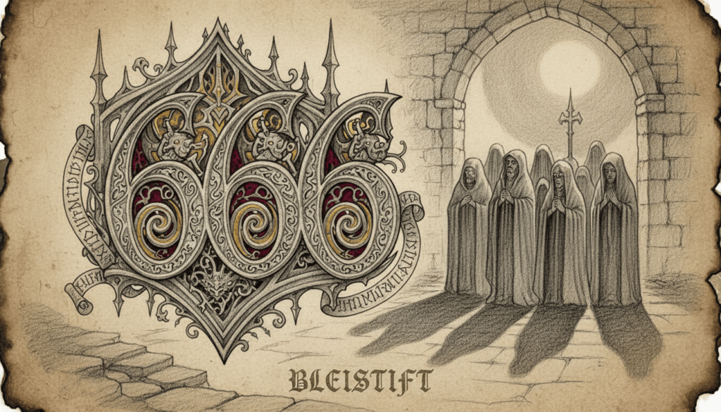 A medieval representation of the symbol 666, centered in the foreground, intricately designed with ornate gothic elements and embellished with rich, detailed patterns. The symbol should be depicted in pencil drawing style, using black and white tones but featuring occasional vibrant color accents that highlight particular areas, enhancing the overall aesthetic. In the middle background, there are shadowy figures shrouded in cloaks, gazing at the symbol with expressions of awe and reverence, contributing to a mysterious atmosphere. Dim lighting casts soft shadows, creating a solemn and contemplative mood, while the overall composition evokes a sense of ancient mystery and artistic intrigue, perfect for reflecting the themes of the number 666 in art and symbolism.