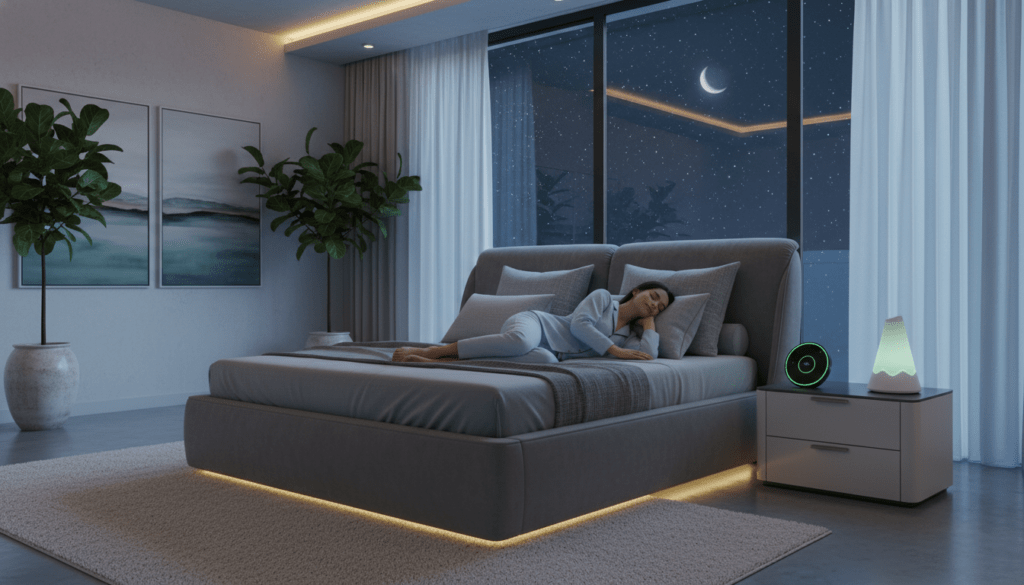 A modern bedroom setting featuring innovative sleep technology, such as smart beds with adjustable features, ambient lighting, and ergonomic pillows. In the foreground, a peaceful sleeping individual in modest pajamas, surrounded by advanced sleep gadgets like a sleep tracker and a white noise machine. In the middle ground, a large window showing a serene night sky filled with stars, casting soft blue and silver light into the room. The background includes stylish decor elements like calming artwork and lush plants. The atmosphere is tranquil and inviting, evoking a sense of comfort and relaxation. Use soft, natural lighting to enhance the cozy vibe, with a focus on a wide-angle lens to capture the entire space beautifully. A modern bedroom setting featuring innovative sleep technology, such as smart beds with adjustable features, ambient lighting, and ergonomic pillows. In the foreground, a peaceful sleeping individual in modest pajamas, surrounded by advanced sleep gadgets like a sleep tracker and a white noise machine. In the middle ground, a large window showing a serene night sky filled with stars, casting soft blue and silver light into the room. The background includes stylish decor elements like calming artwork and lush plants. The atmosphere is tranquil and inviting, evoking a sense of comfort and relaxation. Use soft, natural lighting to enhance the cozy vibe, with a focus on a wide-angle lens to capture the entire space beautifully.