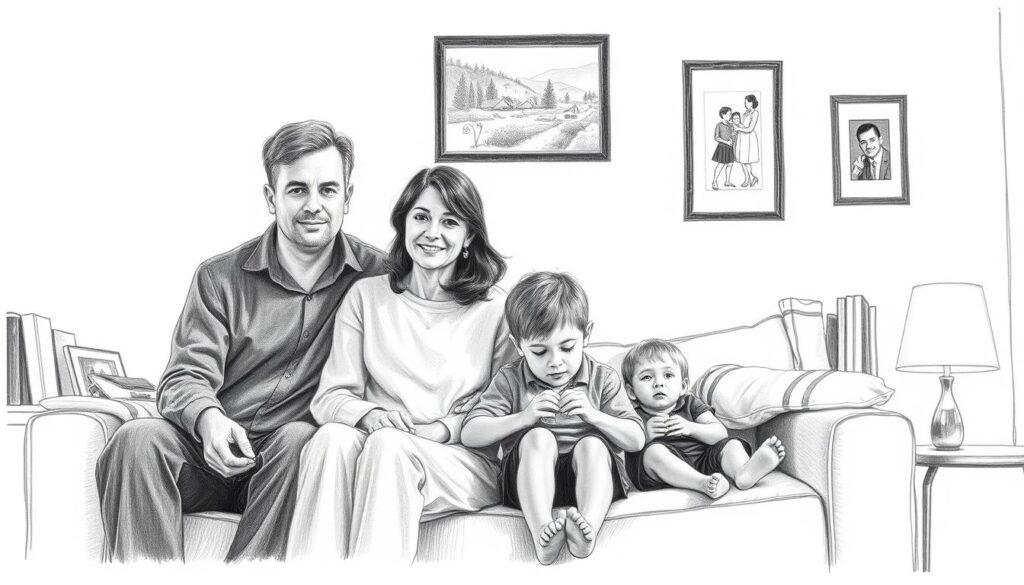 A monochromatic pencil sketch of a family sitting together in a cozy living room, reflecting a sense of privacy and unity. In the foreground, depict two adults in modest casual clothing, displaying warmth and concern, while behind them, two children engage in a quiet activity, symbolizing tranquility and protection. The middle layer should include an inviting couch and family pictures on the walls, subtly hinting at a personalized space. In the background, a softly glowing lamp casts a warm light, adding to the intimate atmosphere. Use selective colored accents, like a framed photo and a couple of books, to draw attention and evoke emotions related to family connection and confidentiality. Capture the mood of serenity, strength, and togetherness amidst uncertainty.