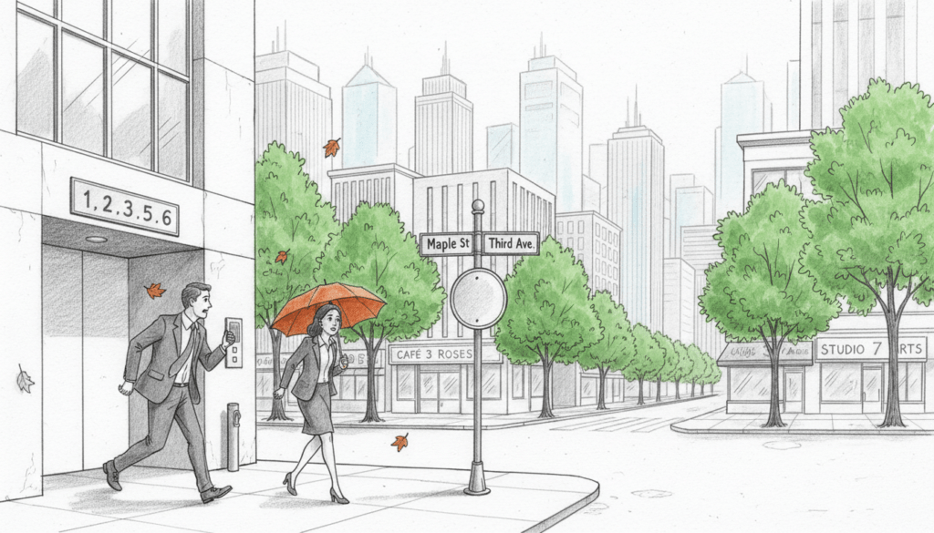 A monochrome pencil drawing depicting the concept of Tetraphobia in everyday life, with selective color accents. In the foreground, a business man and woman, dressed in professional attire, are depicted in a bustling urban environment, avoiding objects associated with the number 4, such as elevators without the fourth floor or addresses missing the number four. The middle ground features a street scene with buildings, street signs, and shops subtly devoid of the number 4, while lush trees stand in vibrant green. In the background, a skyline is visible under soft, diffused lighting that suggests a calm atmosphere, reflecting the unease surrounding the number. The overall mood combines a sense of caution with an urban everyday life feel, illustrating the impact of Tetraphobia on modern society.