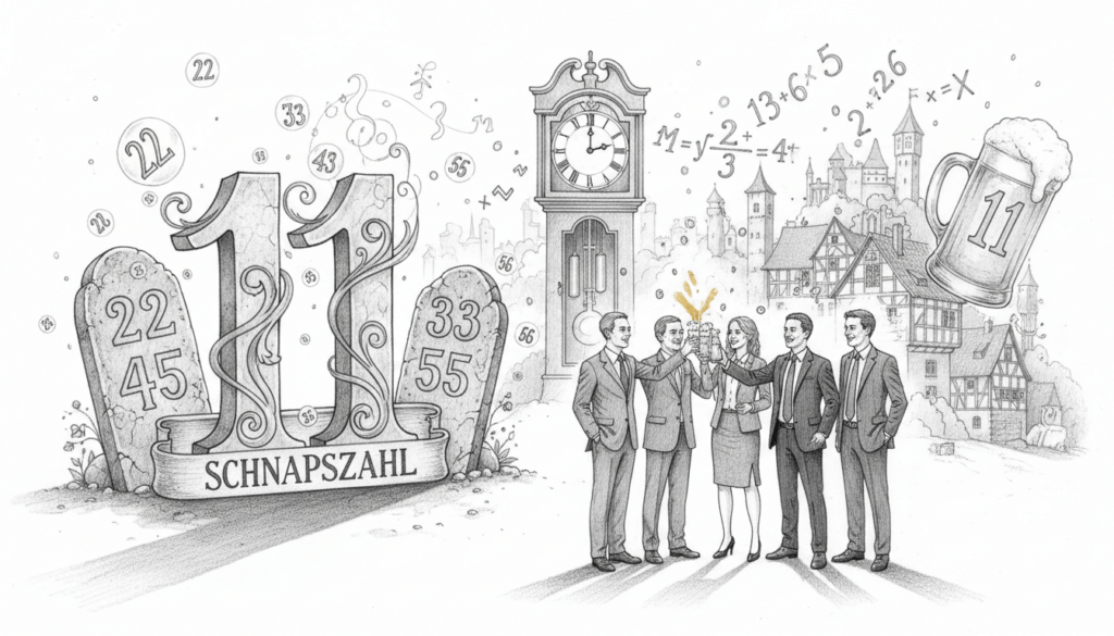 A monochrome pencil illustration depicting the concept of "Schnapszahl" with elements symbolizing its origin and meaning. In the foreground, a large, stylized number 11 appears prominently, surrounded by smaller numbers that reflect other repeating digits, like 22 and 33, illustrating their significance. The middle ground features a vintage clock and a celebratory scene with people in professional business attire, raising glasses with a subtle splash of color to symbolize festivity. The background shows a whimsical landscape with mathematical symbols and subtle hints of traditional German elements, creating a fusion of cultural context and numerical symbolism. Soft, diffused lighting enhances the mood, casting gentle shadows that evoke a sense of intrigue and nostalgia, while maintaining a clean and professional aesthetic.