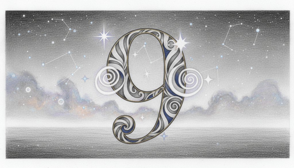 A mystical and serene depiction of the number 9 in numerology, illustrated in black and white pencil style with selective color accents. In the foreground, a large, intricately designed numeral "9," surrounded by flowing geometric patterns that symbolize harmony and balance. In the middle, soft ethereal symbols like stars and spirals, representing spiritual growth and enlightenment, interweave around the numeral. The background features a tranquil landscape, reminiscent of a peaceful night sky filled with shimmering constellations and subtle gradients that suggest depth and infinity. The lighting is soft and diffused, creating a dreamlike ambiance, with a focus on the number 9 to emphasize its significance. The overall mood is reflective and inspiring, ideal for illustrating the mystical qualities of this powerful number.