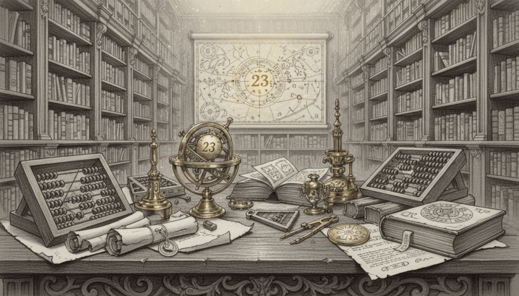 A mystical collage illustrating the concept of "Historische Daten und Zahlenmystik" centered around the number 23. In the foreground, an antique wooden table strewn with old scrolls, books, and intricate wooden abacuses, showcasing faded writings with numerological symbols. The middle ground features an ornate astrolabe and mathematical instruments, providing a hint of ancient wisdom. In the background, a softly lit library environment filled with towering shelves of leather-bound tomes and a cosmic map, emphasizing the universe's connection to numbers. The scene is rendered in pencil sketch with subtle black-and-white tones and selective colored accents highlighting the number 23, evoking a sense of intrigue and depth, illuminated with soft, ethereal lighting to create a mysterious atmosphere.