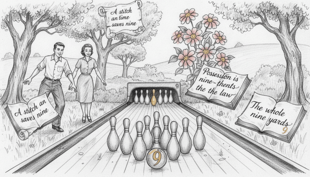 A pencil sketch in black and white featuring the number 9 integrated into everyday life and cultural customs. In the foreground, depict a vintage bowling setup, emphasizing traditional nine-pin bowling with players dressed in modest casual clothing. In the middle, illustrate a collection of proverbs relating to the number 9, artistically arranged as if floating around the bowling scene. Include natural elements, such as a cluster of nine flowers, subtly positioned in the background, adding a touch of life to the composition. Use selective color accents to highlight the number 9 and the flowers, creating a focal point within the monochrome environment. The mood should be whimsical yet nostalgic, evoking a sense of reflection on the significance of the number 9 in daily life and folklore.