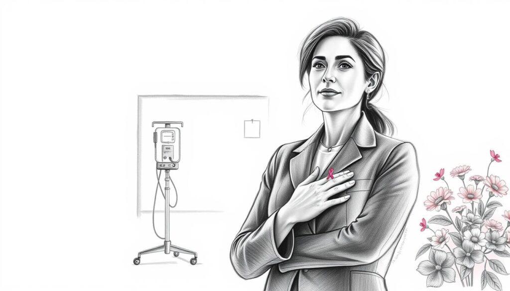 A poignant black and white pencil sketch illustrating the journey of Anastacia battling breast cancer in two phases. In the foreground, a strong woman clad in modest, professional attire, symbolizing resilience, stands with her hand on her heart. The middle layer features a hospital scene, with medical symbols such as a stethoscope and IV stand subtly integrated into the background. Highlighted with vibrant color accents, such as pink ribbons and flowers, the artwork conveys hope and courage. The lighting is soft and warm, creating an atmosphere of compassion and strength. The angle captures a slightly elevated view, emphasizing the woman’s determined gaze towards the horizon, representing her ongoing fight against cancer.